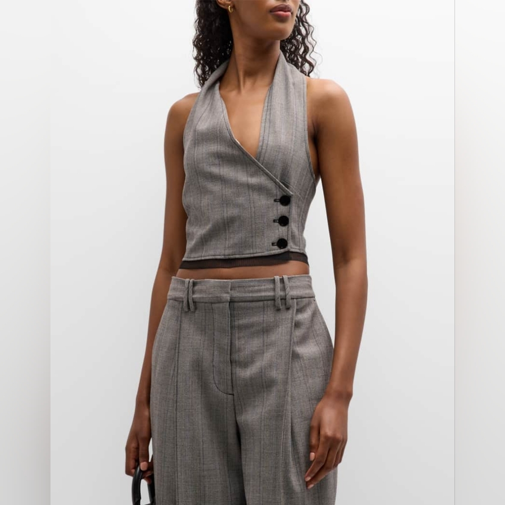 GANNI Frost Gray Wrap Vest | Size 42 (US 10–12) | NWT | Halter Crop | Lace Hem